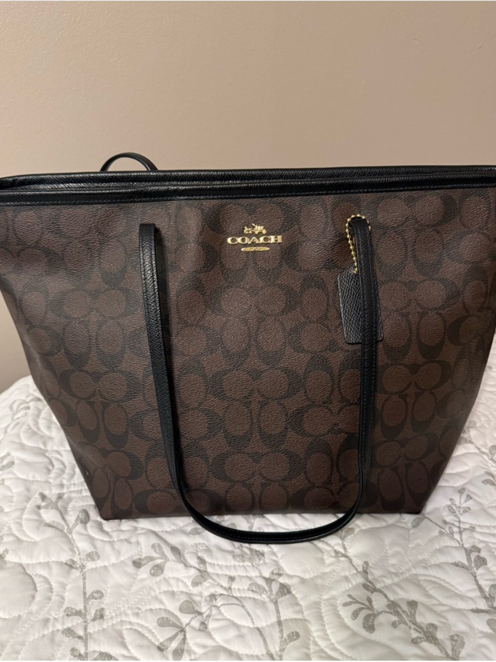 Coach Brown Signature Tote with Black Straps and Gold Logo